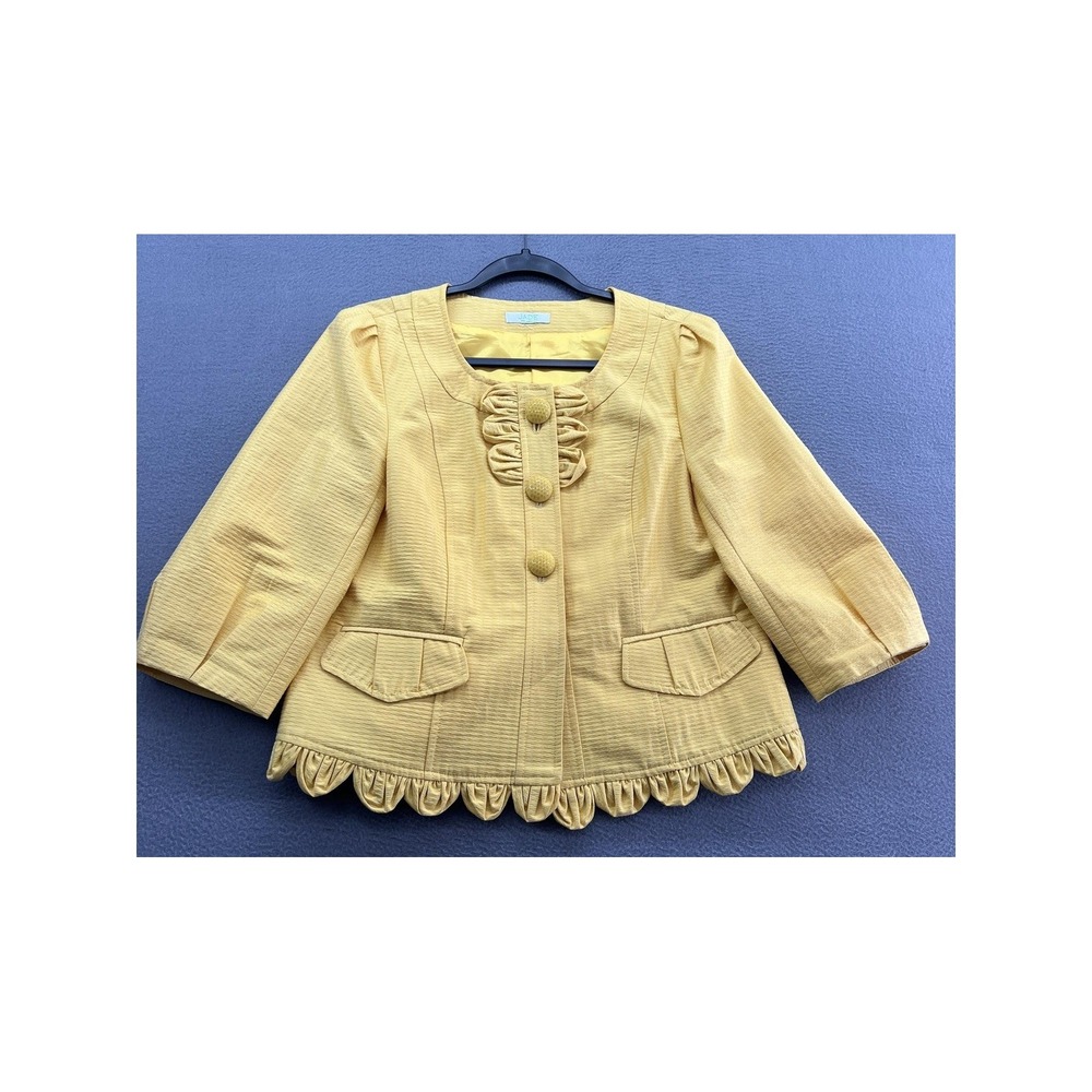 Jade Melody Tam Jacket Womens S Yellow Textured Ruffle Cropped Blazer 3/4 Sleeve